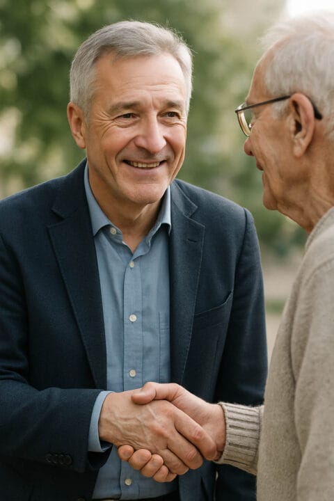 Ein Senior und Martin schütteln sich die Hand, lächelnd.
