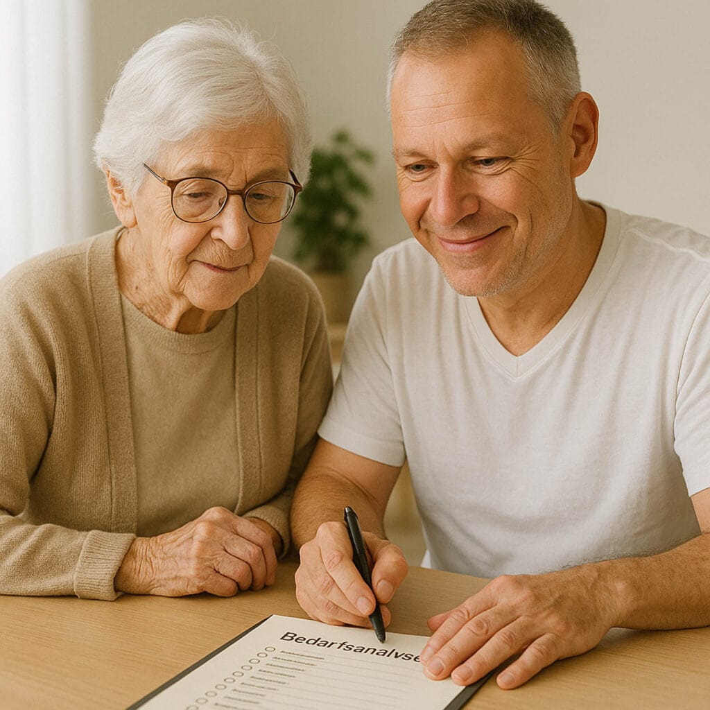 Martin Wiedenbauer und eine ältere Damen sitzen nebeneinander mit einem Blatt und einem Stift in der Hand